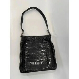 Brighton Sonny Shoulder Bag Black Embossed Crocodile Patent Leather 10" X 9.5"
